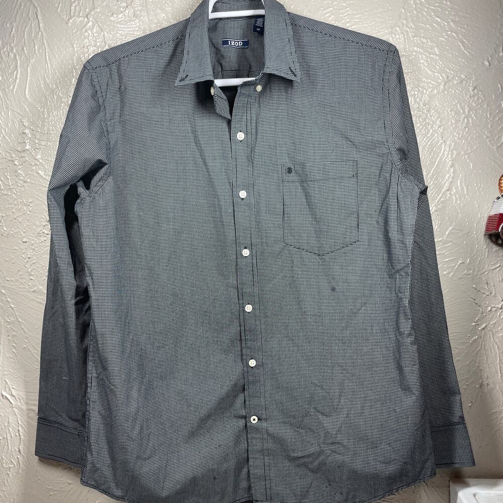 IZOD Black Long Sleeve Button Up Check Business‎ Career Formal Shirt Mens Sz M